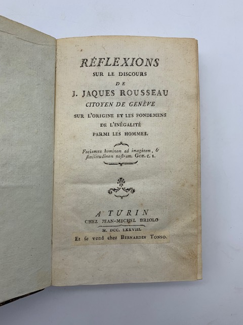 Reflexions sur le discours de J. Jaques Rousseau citoyen de Geneve sur l'origine et les fondemens de l'inegalite parmi le hommes